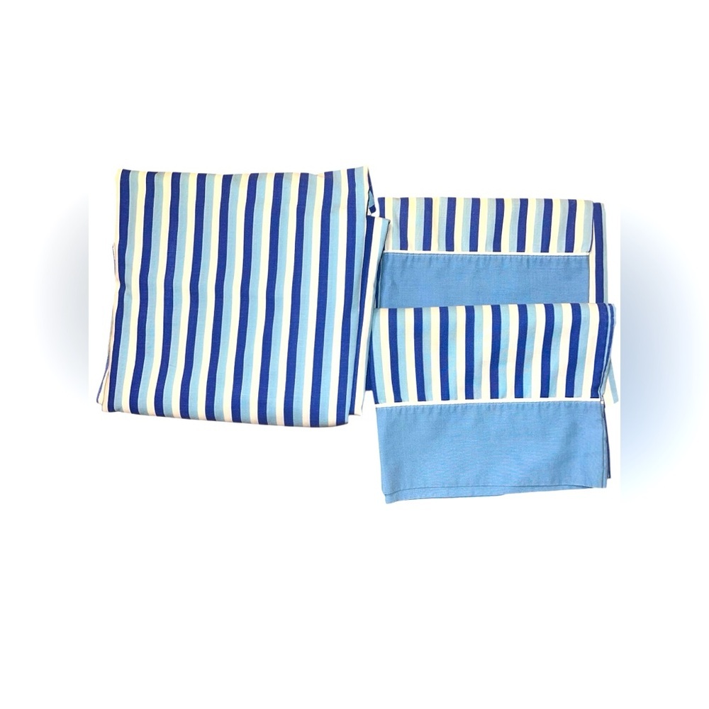Dan River Fine Muslin Full Flat‎ Sheet 2 Pillowcases Blue White Stripe USA VTG